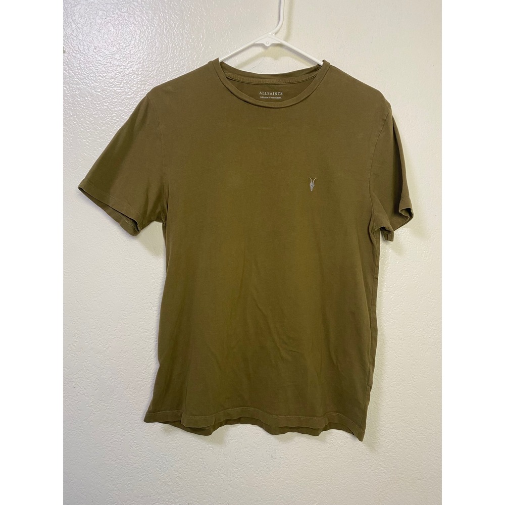 AllSaints Mens Brace Tonic Crew TShirt Olive Green Ramskull Size Medium